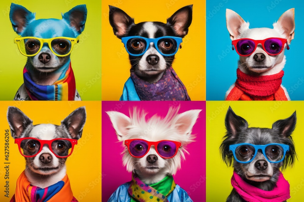 Fototapeta premium Cute Dog Photos Against a Colorful Background, Showcasing Expressive Faces and Emotional Expressions in a Low-Angle Shot, generative ai