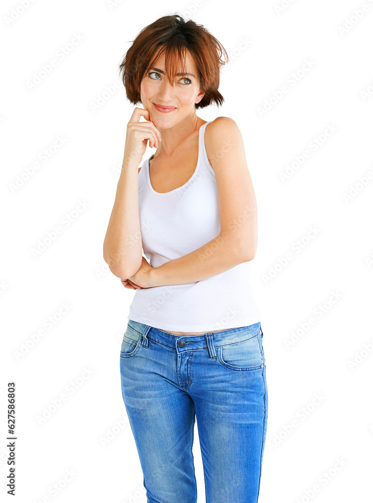 Happy, thinking and woman in jeans for fashion ideas, inspiration or decision isolated on png, transparent background. Model or person planning or choice, vision and questions in casual clothes Happy, thinking and woman in jeans for fashion ideas, inspiration or decision isolated on png, transparent background. Model or person planning or choice, vision and questions in casual clothes