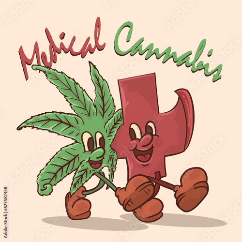 funky face weed friends with medic symbol for medical cannabis cannabis retro mascot. vintage style mascot vector illutration