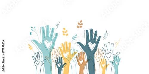 Raised hands. Volunteering, teamwork concert.