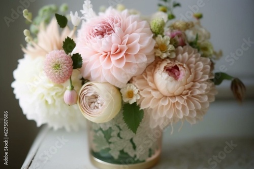 Elegant floral arrangement with soft pink tones and delicate blooms - roses  ranunculus  and dahlias. Perfect for a romantic wedding. Generative AI