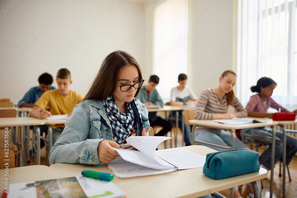 Female high school student learning on class in classroom. Female high school student learning on class in classroom.