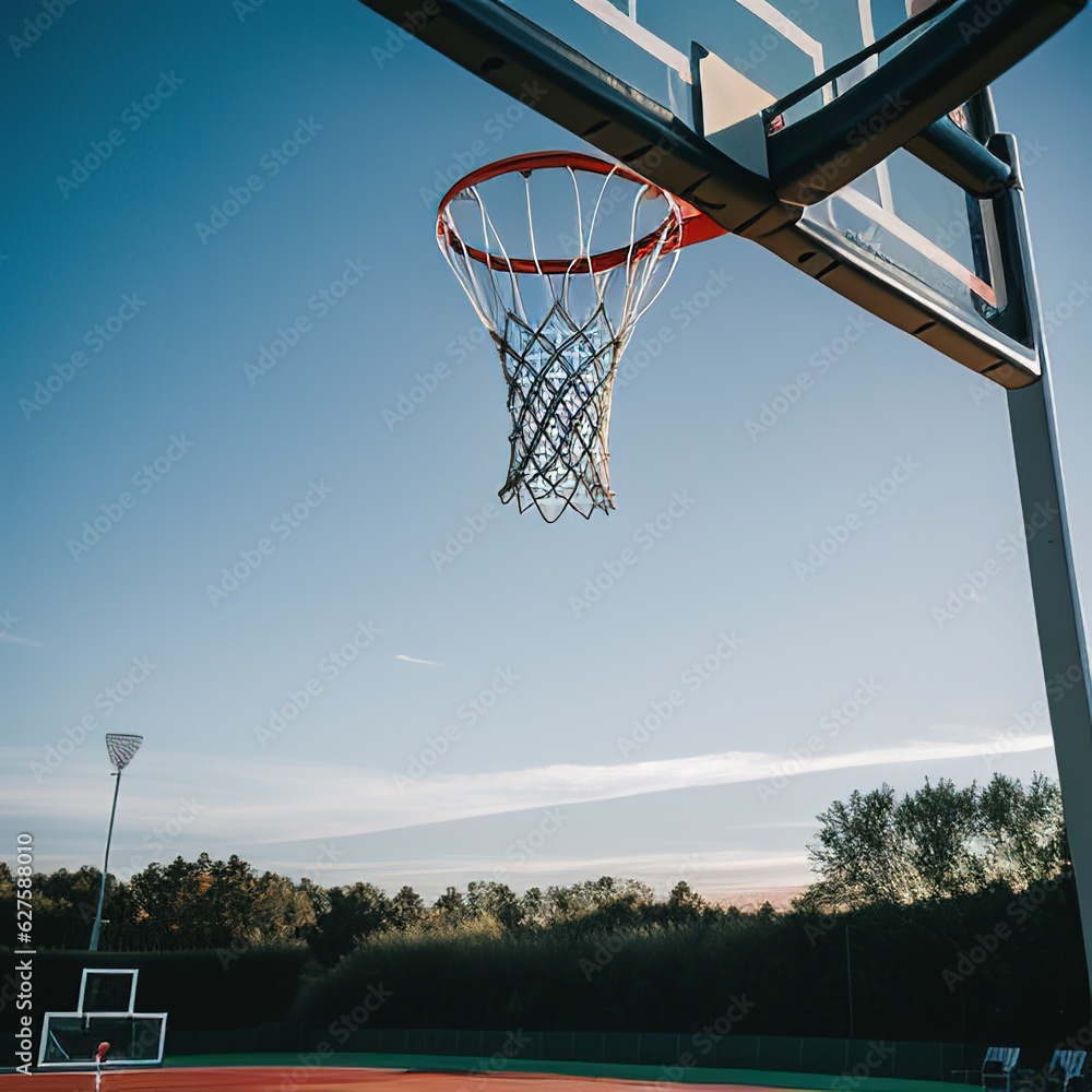 Action shot of basketball falls through basketball hoop and net on nature background
