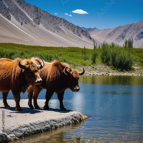 Alpine yaks drinking water in the Baisha Lake of Bulunkou Reservoir in southern Xinjiang