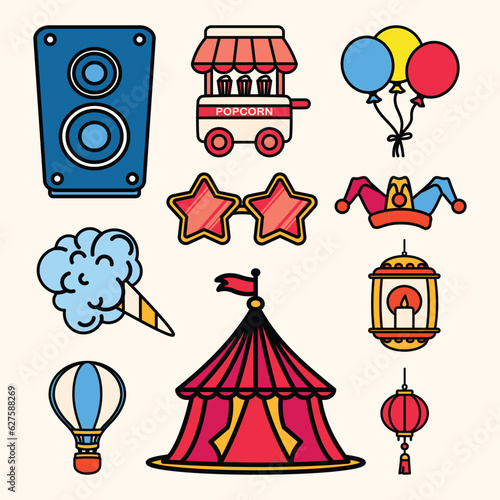 Set of Festival and Carnival Simple Flat Line Illustration