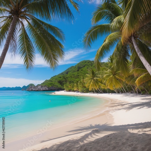 Summer background of Coconut Palm trees on white sandy beach Landscape nature view Romantic ocean bay with blue water and clear blue sky over sea at Phuket island Thailand.