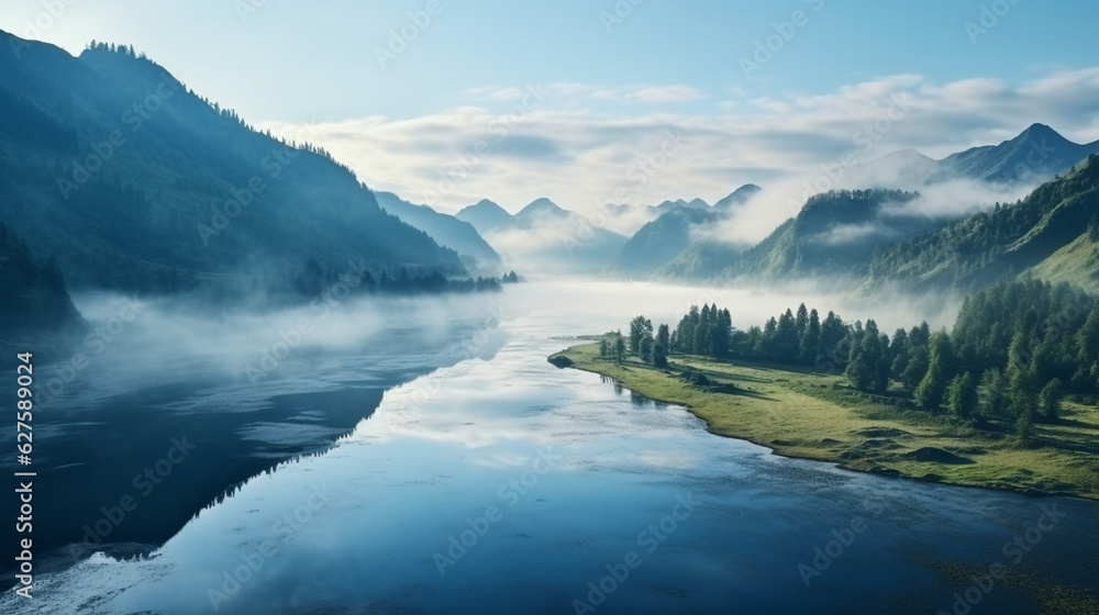 Fototapeta premium A breathtaking view of a serene lake surrounded by lush mountains, the morning mist slowly lifting Generative AI