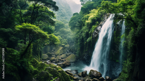 A dreamy view of a cascading waterfall framed by a dense, verdant forest Generative AI © Наталья Евтехова