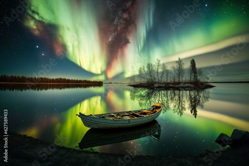 Experience the stunning beauty of aurora and lake in our photos. Generative AI © Yana