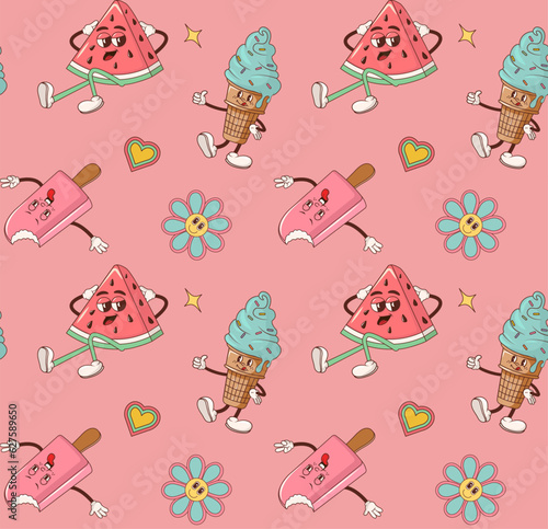 Vintage summery groovy pattern with cheerful hippie style ice cream, watermelon, flowers and stars.