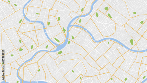 Map city, gps navigator. City area vector background map, streets and water cartography illustration. Widescreen proportion, digital flat design streetmap. Top view. Abstract transportation. Park zone