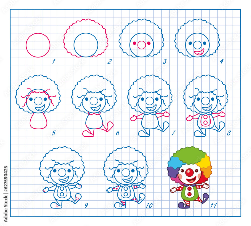 How To Draw Circus Clown, Step By Step Lesson For Kids Cartoon Vector ...