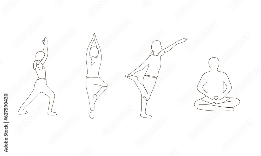 Modern line art of men and women doing different yoga poses. Health wellbeing balance lifestyle. sketch contour drawing silhouette. dancer pose, tree pose, natarajasana, meditate