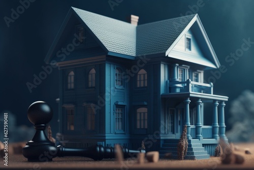 3D blue house accompanied by judge gavel. Generative AI