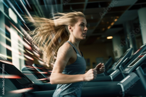 creative portrait of athletic and sexy woman working out at gym on a treadmill. in motion details of woman running