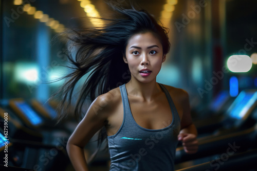 creative portrait of athletic and sexy woman working out at gym on a treadmill. in motion details of woman running