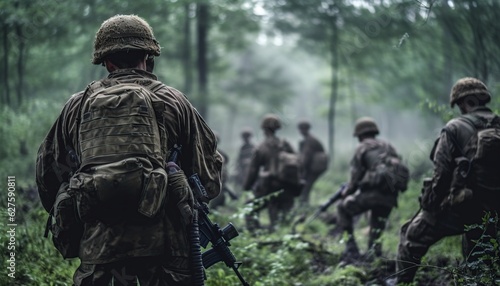 Military soldiers with assault rifles from the back