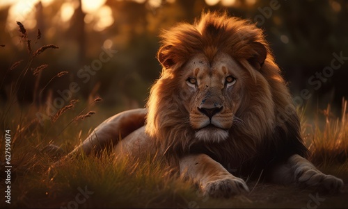 Majestic lion resting in savanna  sunset light  candid shot  vertical composition