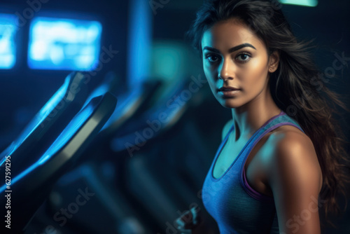 close up portrait of athletic and sexy woman working out at gym on a treadmill. in motion details of woman running