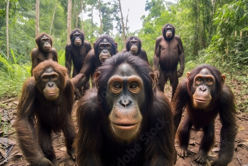 Fotografiet group of chimpanzee standing upright and looking attentively at the camera