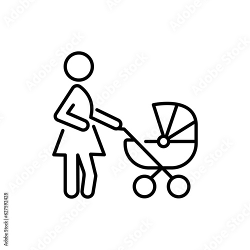 Mother pushing baby stroller or pram. Outlined vector icon, editable stroke.