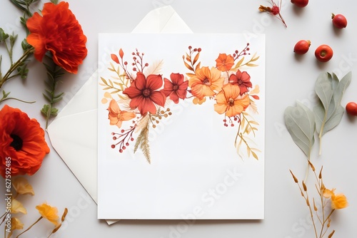 Autumn composition. Paper blank  dried flowers and leaves on pastel beige background. Autumn  fall concept.