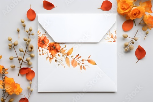 Autumn composition. Paper blank, dried flowers and leaves on pastel beige background. Autumn, fall concept.