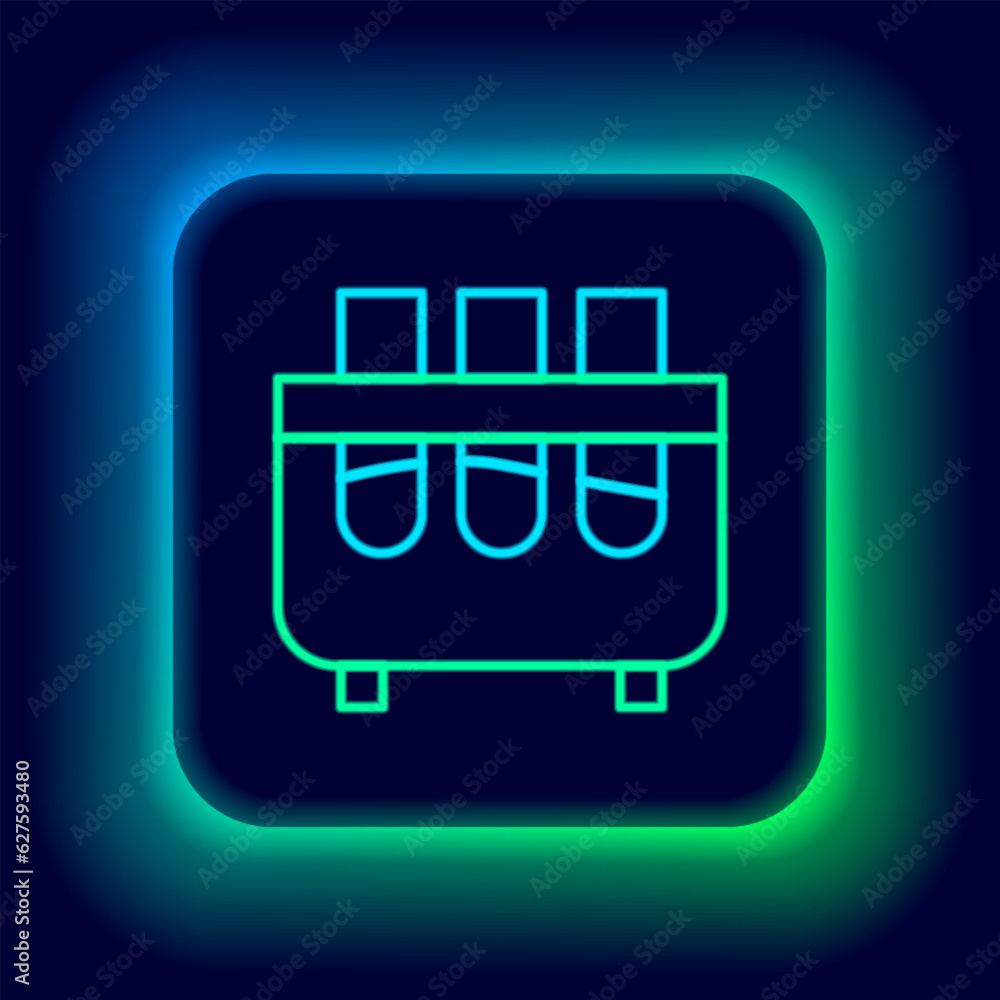 Glowing neon line Test tube and flask chemical laboratory test icon isolated on black background. Laboratory glassware sign. Colorful outline concept. Vector Glowing neon line Test tube and flask chemical laboratory test icon isolated on black background. Laboratory glassware sign. Colorful outline concept. Vector
