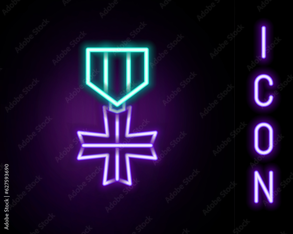 Obraz premium Glowing neon line Military reward medal icon isolated on black background. Army sign. Colorful outline concept. Vector