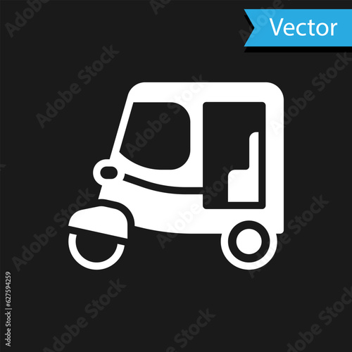 White Taxi tuk tuk icon isolated on black background. Indian auto rickshaw concept. Delhi auto. Vector