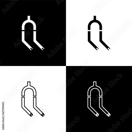 Set Bicycle suspension fork icon isolated on black and white background. Sport transportation spare part steering wheel. Vector