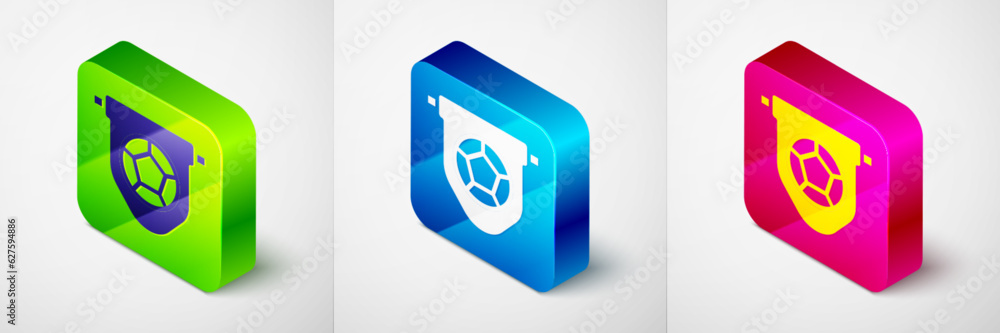 Isometric Football or soccer flag pennant icon isolated on grey background. Square button. Vector Isometric Football or soccer flag pennant icon isolated on grey background. Square button. Vector