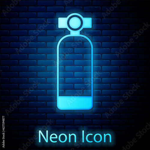 Glowing neon Aqualung icon isolated on brick wall background. Oxygen tank for diver. Diving equipment. Extreme sport. Diving underwater equipment. Vector