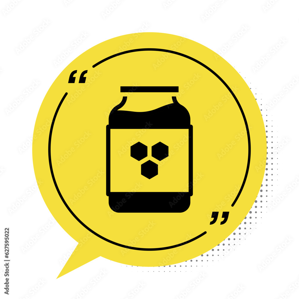 Black Jar of honey icon isolated on white background. Food bank. Sweet natural food symbol. Yellow speech bubble symbol. Vector Black Jar of honey icon isolated on white background. Food bank. Sweet natural food symbol. Yellow speech bubble symbol. Vector