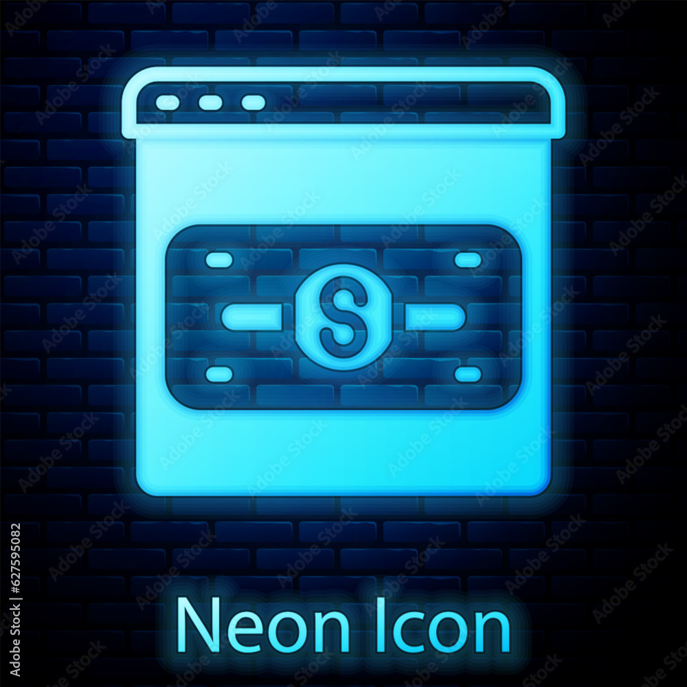 Glowing neon Online shopping on screen icon isolated on brick wall background. Concept e-commerce, e-business, online business marketing. Vector Glowing neon Online shopping on screen icon isolated on brick wall background. Concept e-commerce, e-business, online business marketing. Vector