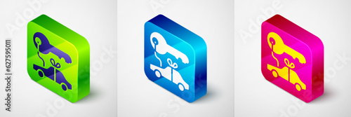 Isometric Car gift icon isolated on grey background. Car key prize. Square button. Vector