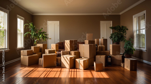 Moving day. Cardboard boxes in the room. Moving to another house or apartment. Generative AI © adragan