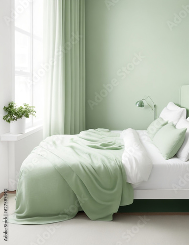 A minimalist bedroom with a light green wall, a simple bed with a textured pillow, and a light blanket draped over the edge. Generative AI photo