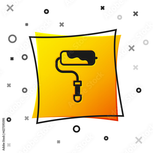 Black Paint roller brush icon isolated on white background. Yellow square button. Vector