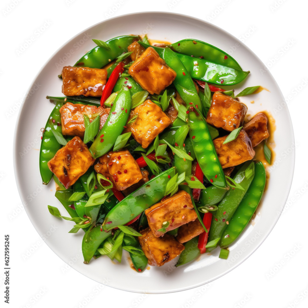 Plate of Tofu Stir Fry with Snow Peas Isolated on a Transparent Background