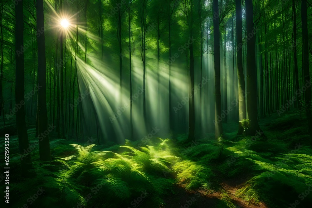 Obraz premium Beautiful rays of sunlight in a green forest