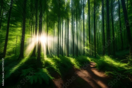 Beautiful rays of sunlight in a green forest © Pretty Panda