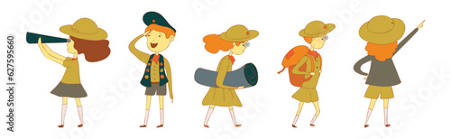 Cute Boy and Girl as Junior Scout Vector Set