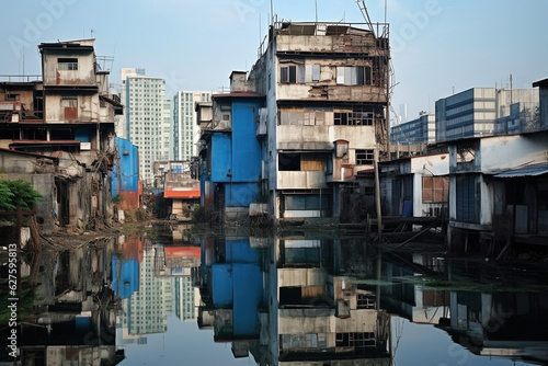 An abandoned city flat surrounded by water - Generative AI © lilyl