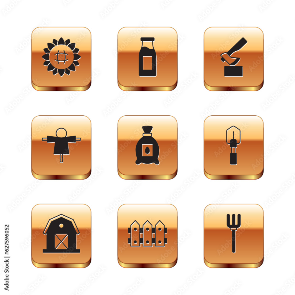 Set Sunflower, Farm house, Garden fence wooden, Pack full of seeds of plant, Scarecrow, Wooden axe, pitchfork and Bottle with milk icon. Vector Set Sunflower, Farm house, Garden fence wooden, Pack full of seeds of plant, Scarecrow, Wooden axe, pitchfork and Bottle with milk icon. Vector
