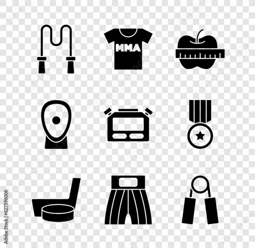 Set Jump rope, T-shirt with fight club MMA, Apple and measuring tape, Ice hockey stick puck, Boxing short, Sport expander, training paws and Stopwatch icon. Vector