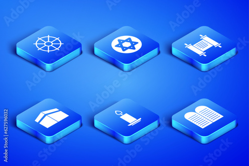 Set The commandments, Dharma wheel, Burning candle, Kaaba mosque, Star of David and Decree, paper, parchment, scroll icon. Vector