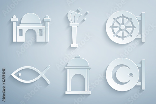 Set Muslim Mosque, Dharma wheel, Christian fish, Star and crescent, Aspergillum and icon. Vector