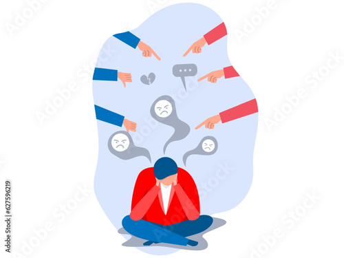 Bullying concept,man despresed  with People bullying a man on message bubbles Cyber bullying in social networks and online abuse concept. Vector flat cartoon illustration