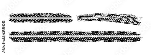 Auto tire tread grunge set. Car and motorcycle tire pattern, wheel tyre tread track. Black tyre print. Vector illustration isolated on white background.